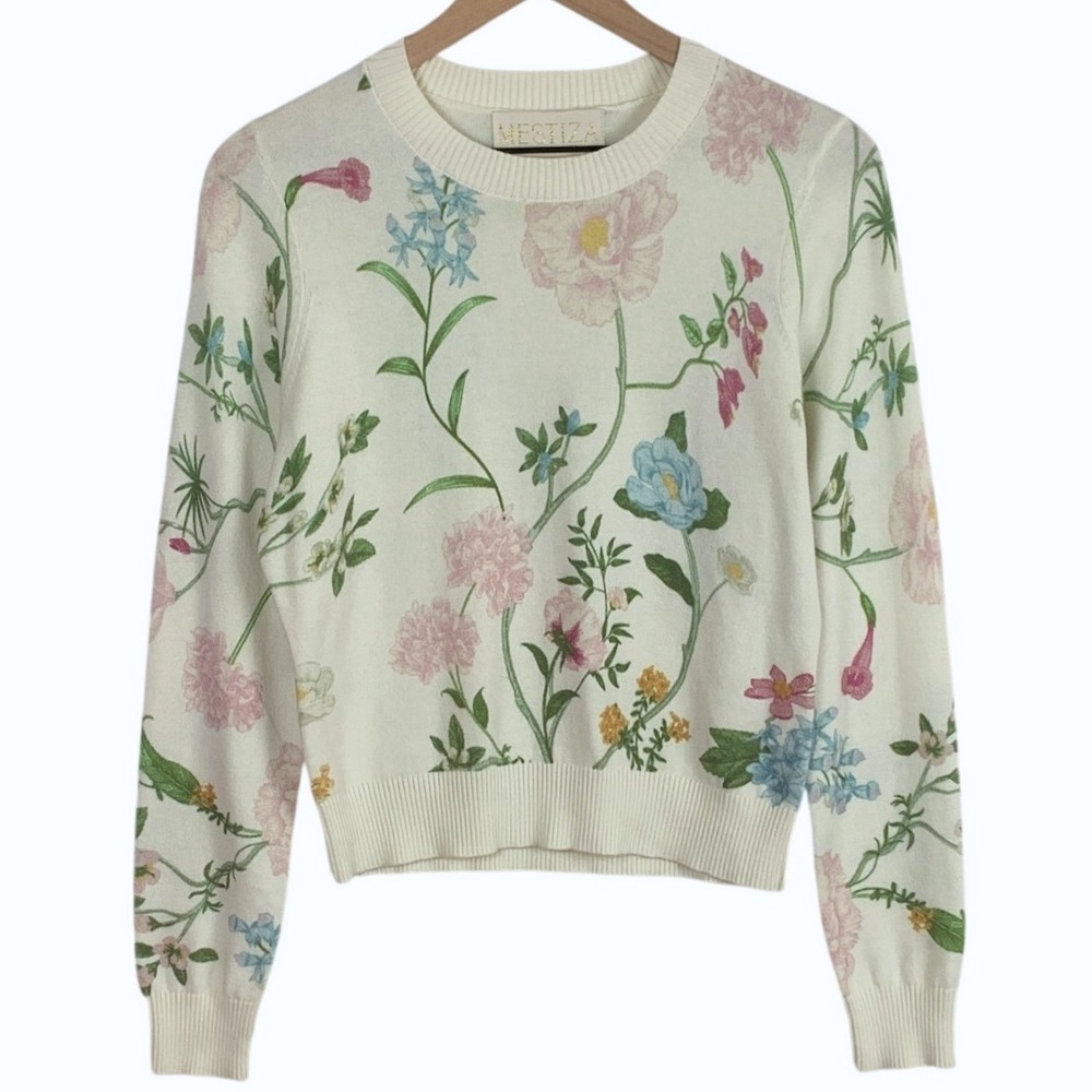 MESTIZA New York Phoebe Floral Botanical 100% Cotton Sweater Women's M Ivory EC